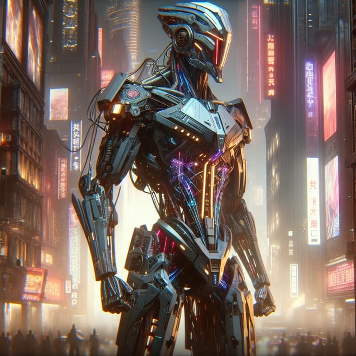 Cyberpunk Robot in Dystopian Metropolis