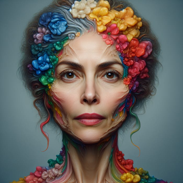 Exceptional Realism: 40-Year-Old Woman in Colorful Floral Style