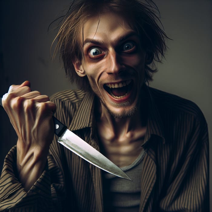 Madman with Knife: Intense Image of Unsettling Madness