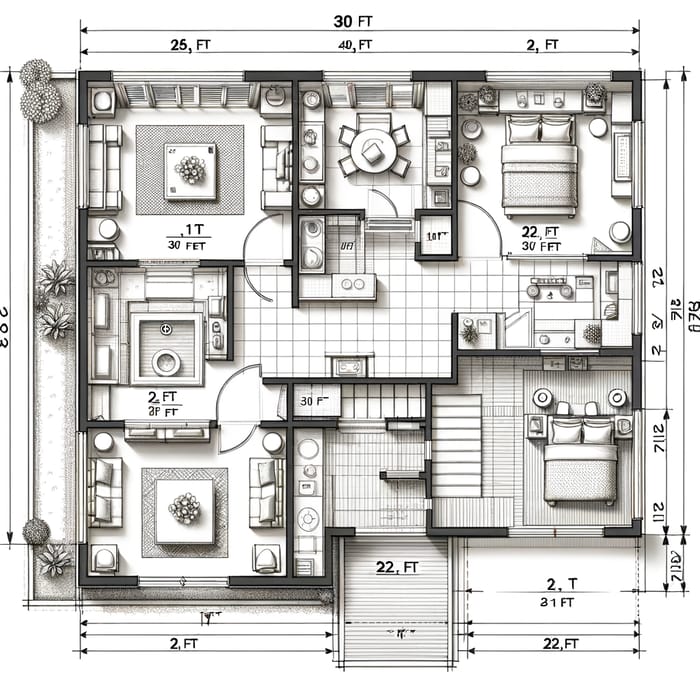Detailed 3-Bedroom 30x40 House Floor Plan with 2 Bathrooms