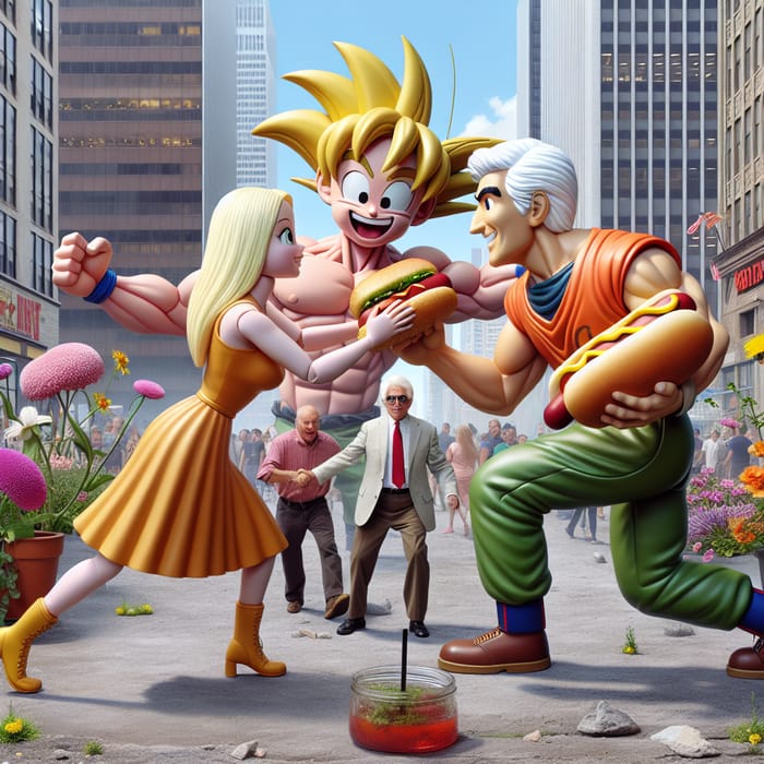 Barbie and Oppenheimer fighting over hotdog in New York | Goku find one punch | Flowers and Kool-Aid man