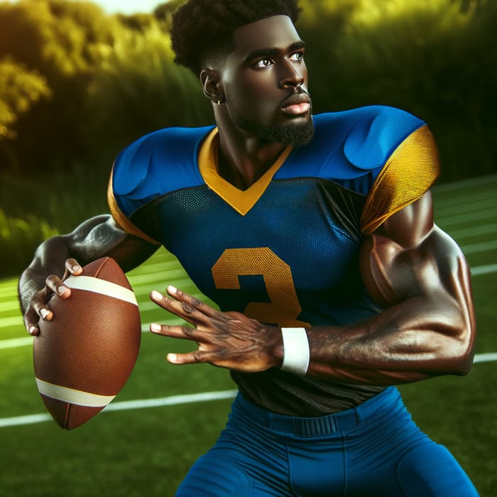 Athletic Black Male Football Player in Blue and Gold Gear