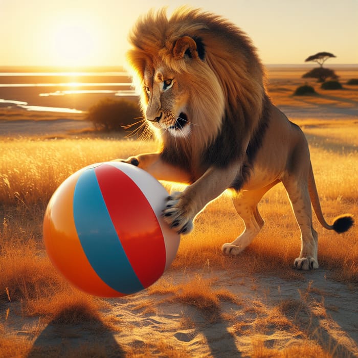 Majestic Lion Playing with Beach Ball in Savanna