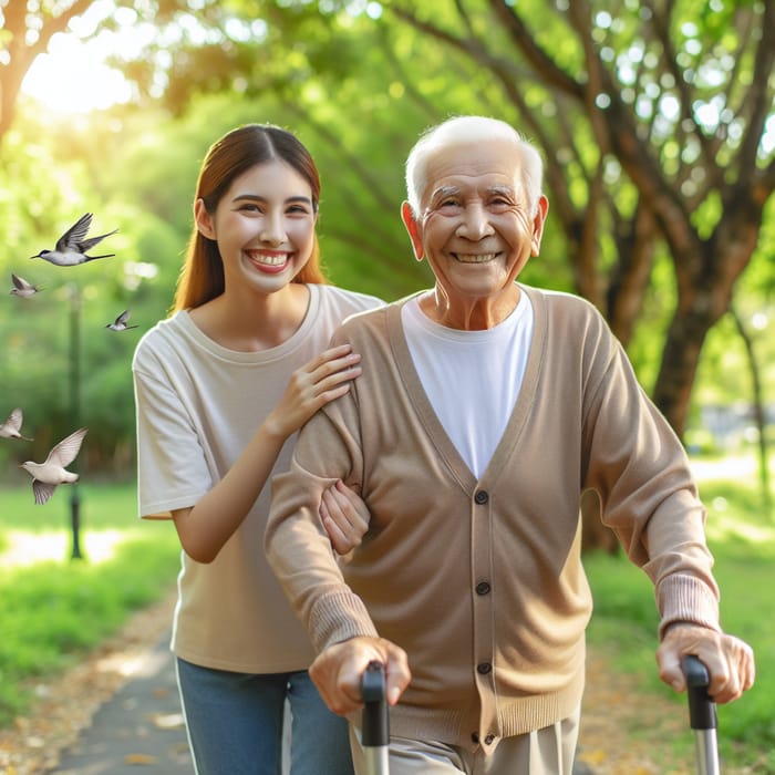 Elderly Person and Caregiver Smiling Together in Park
