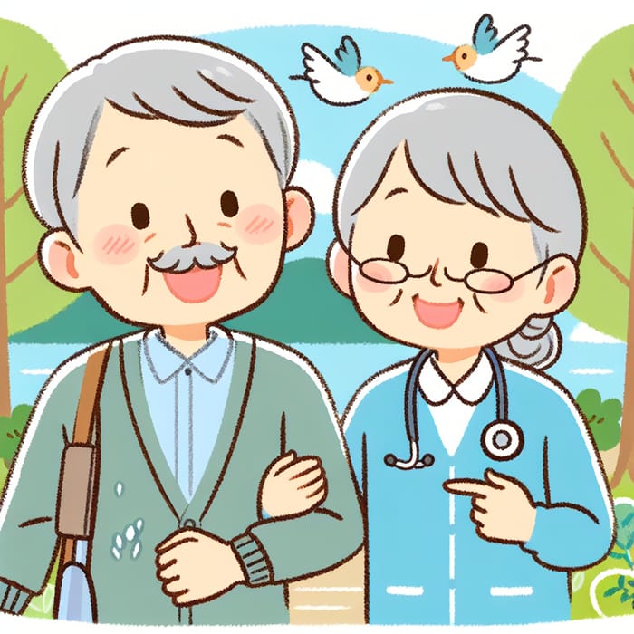 Smiling Senior Person and Caregiver Strolling Among Trees