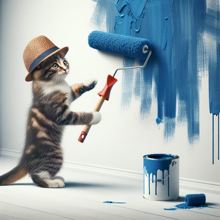Cat Painting Wall with Blue Roller