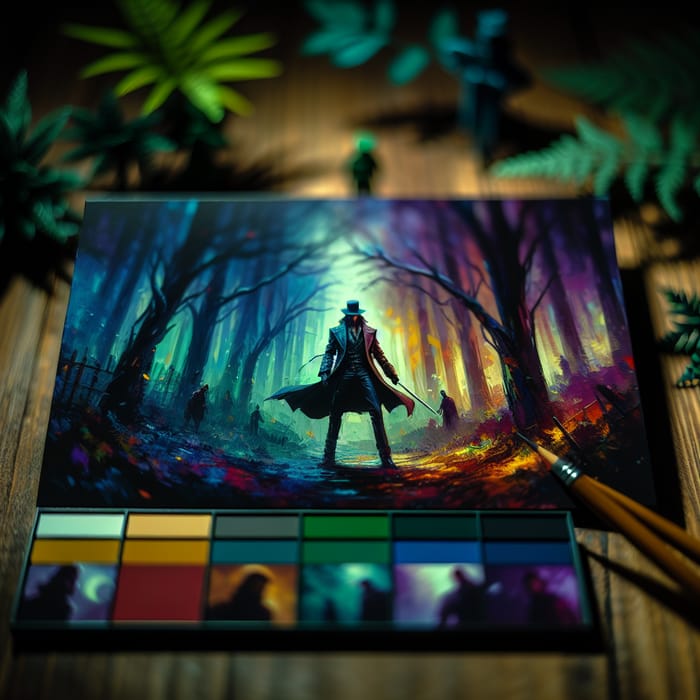 Mysterious Figure in Dark Forest | Rich Colors & Intense Gaze