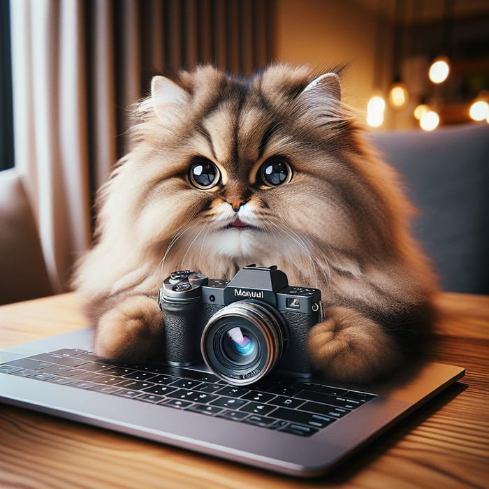 Happy Manul Cat with Camera at Laptop | Cozy Indoor Scene