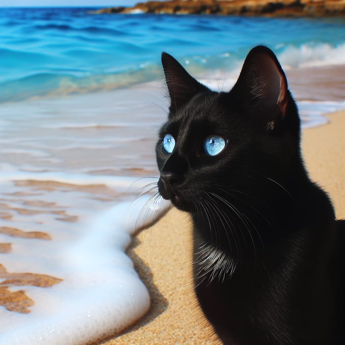 Black Cat with Blue Eyes on Beach - Gazing at Ocean Waves