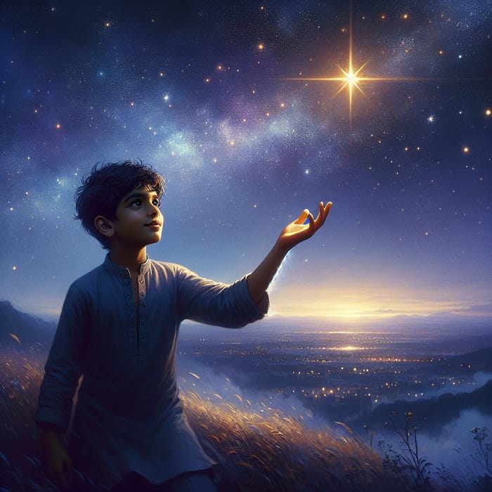 Boy Reaching for Golden Star in Dreamy Night Sky