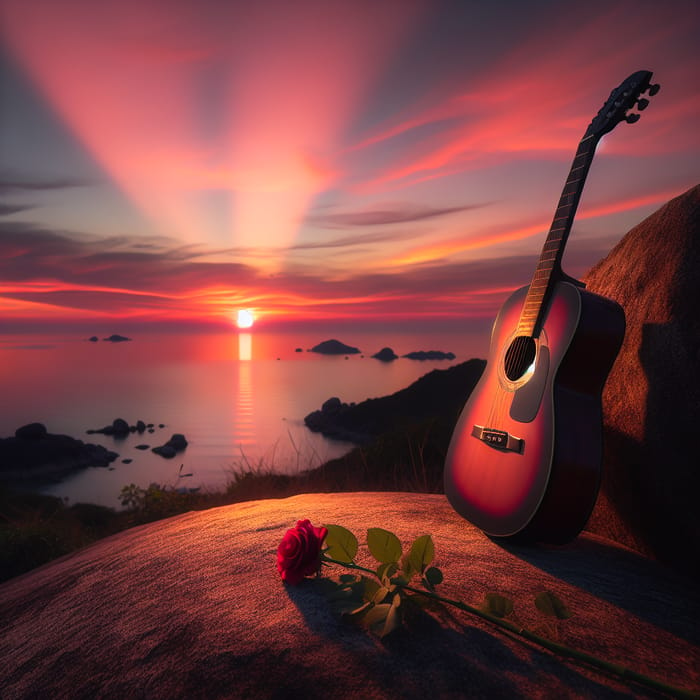 Guitar on Rock with Sunset and Rose