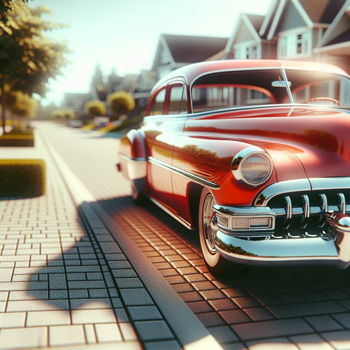 Classic Red Car on Suburban Street | AI Art Generator | Easy-Peasy.AI