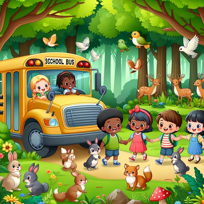 Green Forest School Bus: Children & Animals Playing Vector