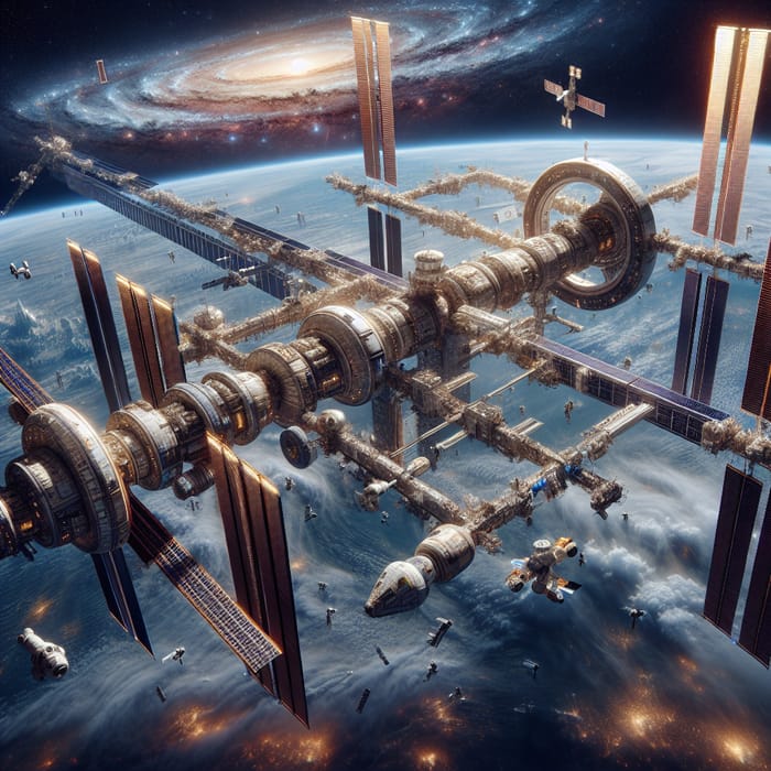 Futuristic Space Station: Panoramic View of Galaxy & Astronauts