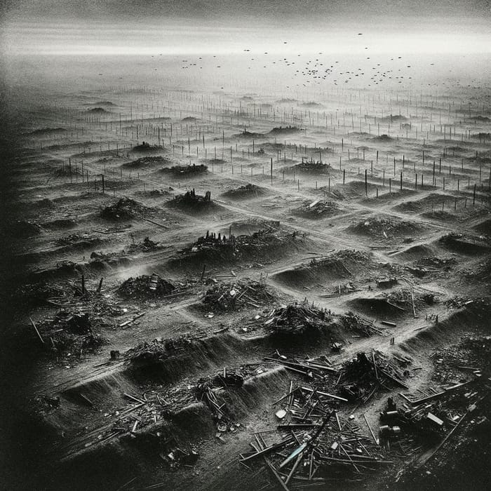 Grim Aerial View of Desolate War-Torn Battlefield