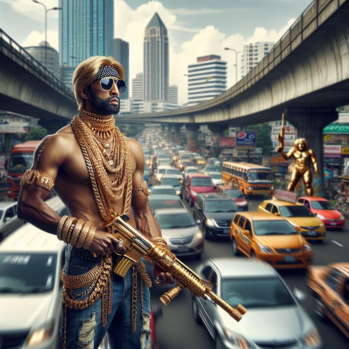 Dominant Firearm Figure with Gold Chains in Urban Traffic Chaos