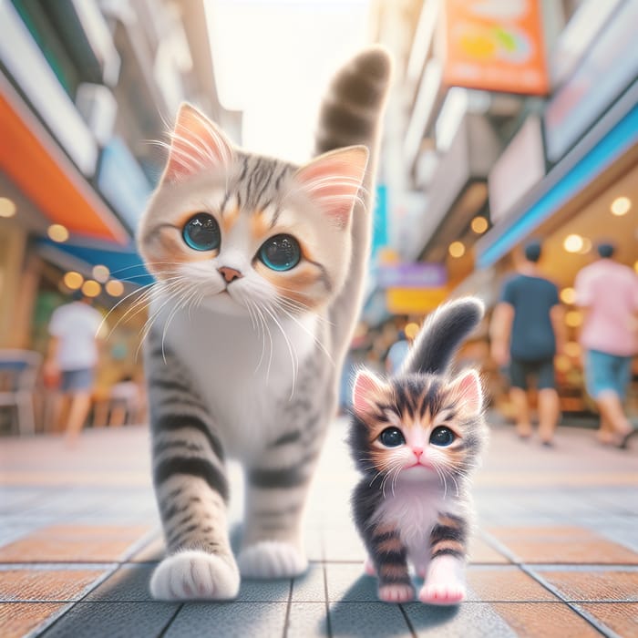 Heartwarming Kitten and Father Cat Stroll in Vibrant Pastel Scene