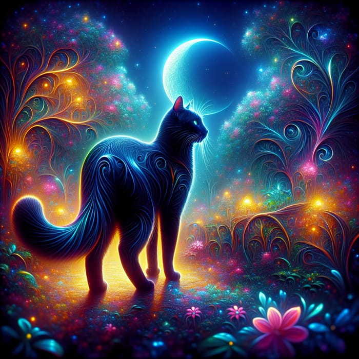 Mystical Black Cat in Enchanted Moonlit Garden