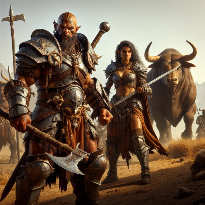 Epic Half-Orc Barbarian Battle Against Minotaurs