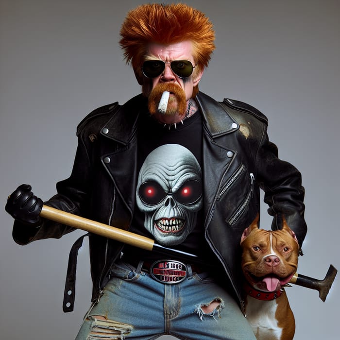 Crazy Angry Red-Haired Addict Man in Sunglasses with Shovel and Pit Bull