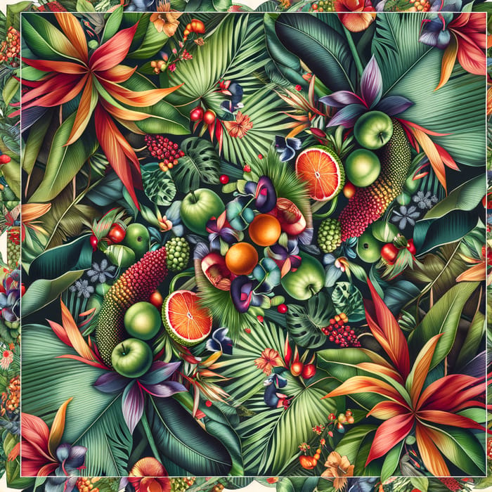 Vibrant Tropical Pattern: Lush Foliage & Exotic Fruits