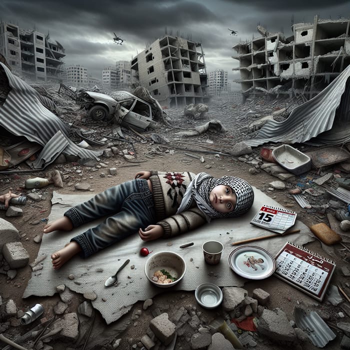 Poignant Scene: Middle Eastern Child Amidst Debris with Calendar | 15 DAY