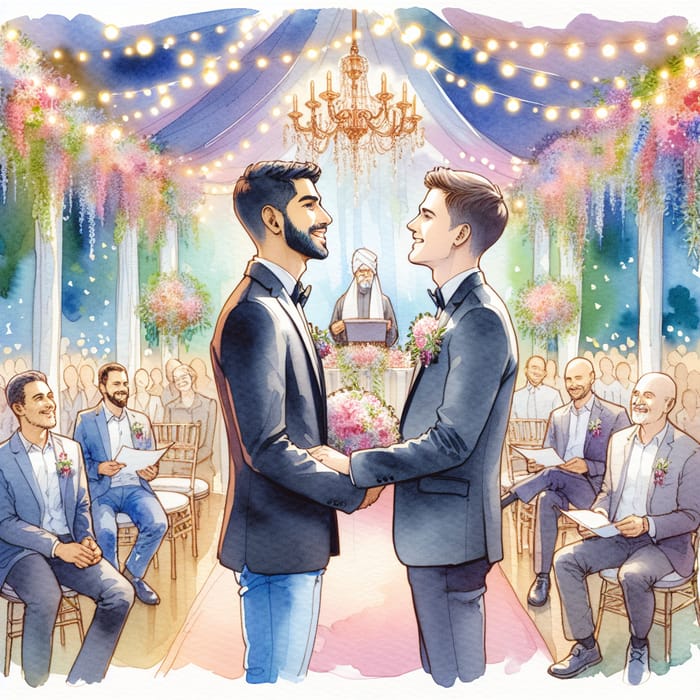 Heartwarming Same-Sex Wedding Ceremony in Vibrant Watercolor Style