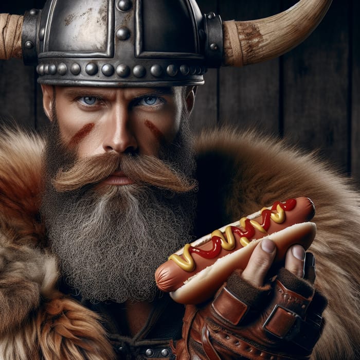 Serious Viking with Hotdog: A Determined Hotdog Contestant