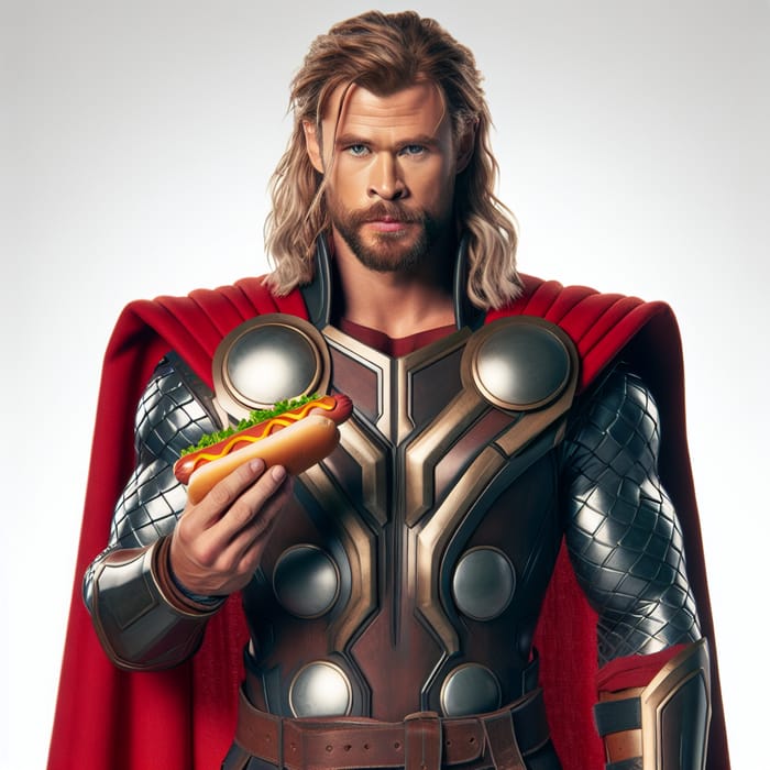 Serious Thor Holding Hotdog Sandwich | Mythical Norse Character