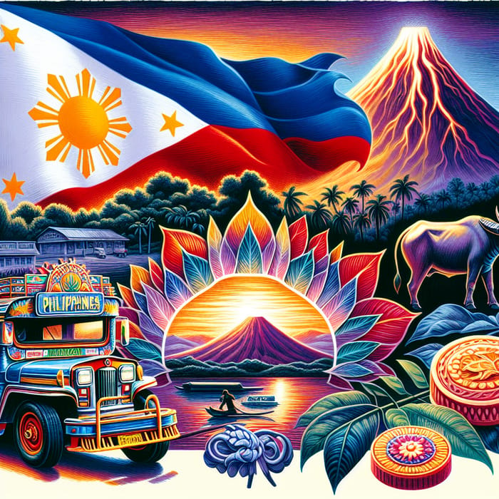 Diverse Philippine Culture: Jeepney, Anahaw Leaf, Balicucha, Mayon Volcano, Carabao & Flag