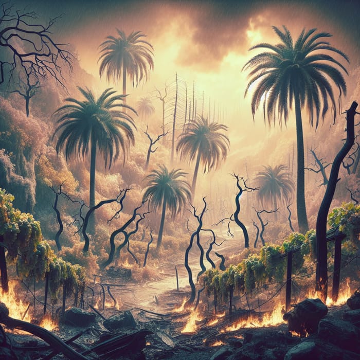 Devastated Paradise: Burnt Palm Trees & Grapevines