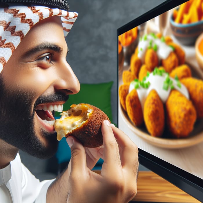 Man Eating Cheese-Stuffed Falafel with Screen