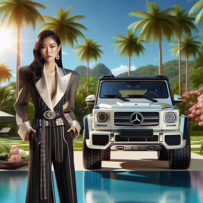 Stylish Oriental Woman with Luxury G Wagon - Tropical Scene