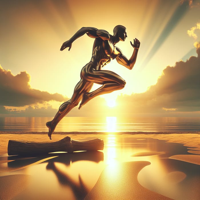 Agile Athlete Leaping on Beach at Sunset