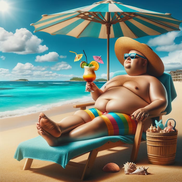Chubby Man Enjoying Beach: Lounge Chair, Cocktail, Sunshine