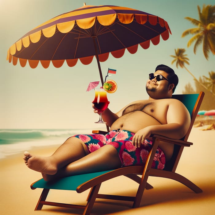 Chubby Man Lounging on Beach Chair with Cocktail