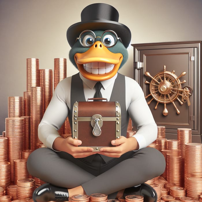 Smiling Donald Duck surrounded by coins in front of a safe