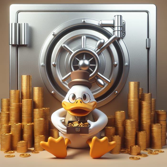 Wealthy Duck Dagobert Surrounded by Gold Coins and Safe