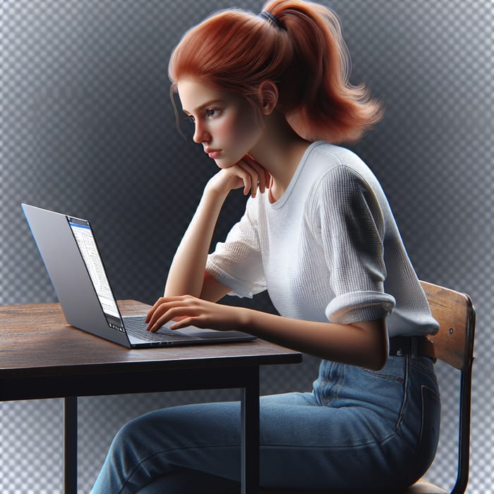 Caucasian Student with Red Hair Studying at Laptop