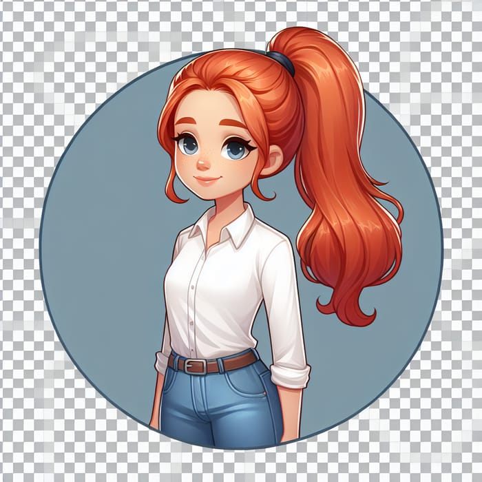 Caucasian Girl Student with Red Hair in White Shirt & Blue Jeans