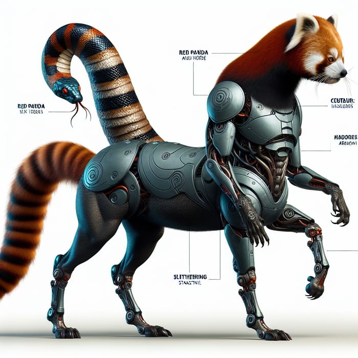 Red Panda Centaur: Six-Legged Hybrid with Snake Tail & Tech Armor