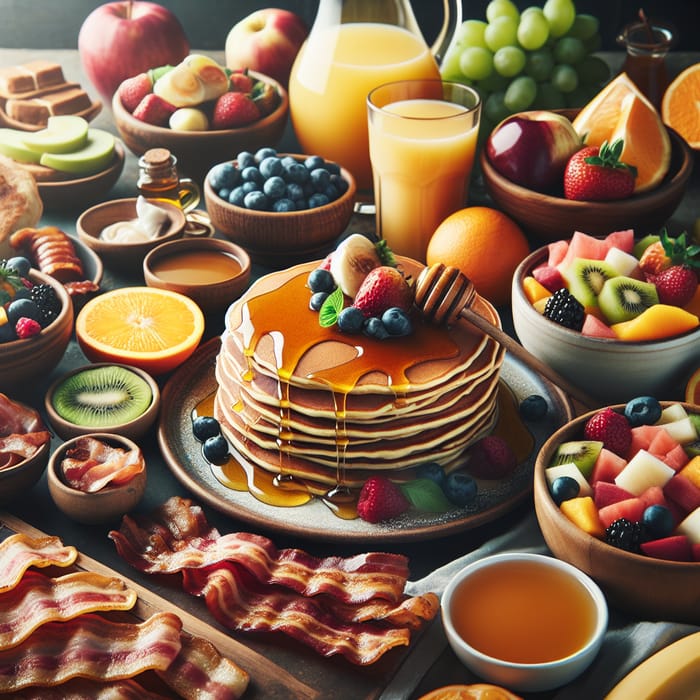 Bountiful Breakfast - Pancakes, Fruit Salad, Bacon, Orange Juice