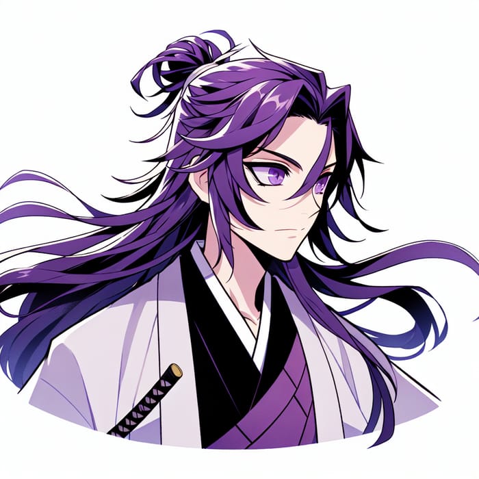 Anime Male Samurai with Long Purple Hair in Bright Edges