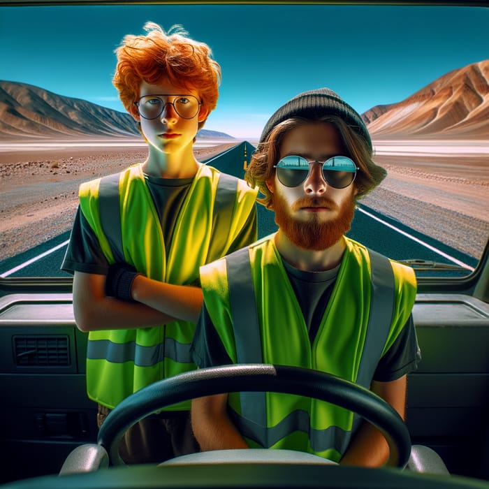 Boys in Black Van | Lime Green Reflective Vests | Redhead and Beard | Desert Landscape