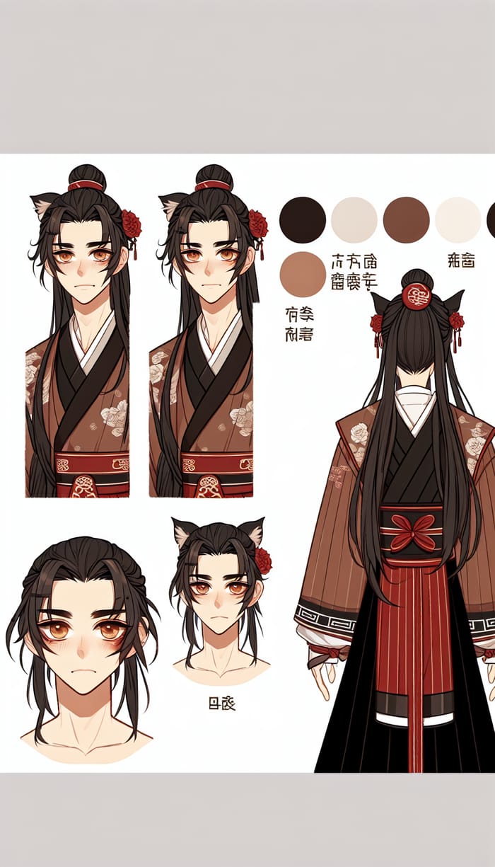 Male Chinese Danmei Character Design in Red & Black Hanfu with Cat Features