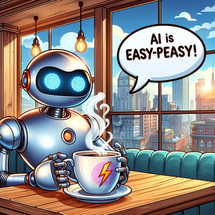 Futuristic Robot Sipping Coffee with AI Symbol in Cafe