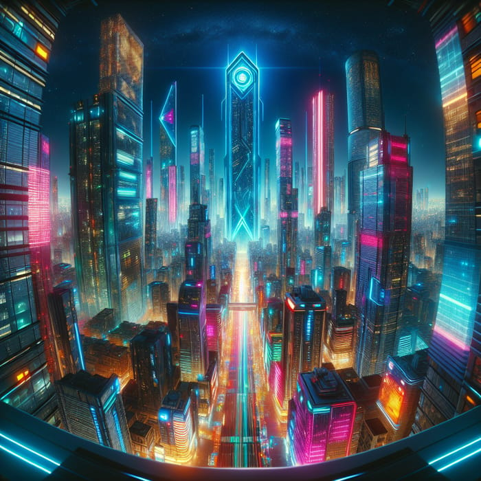 Cyberpunk Neon Cityscape with Publicis Tower