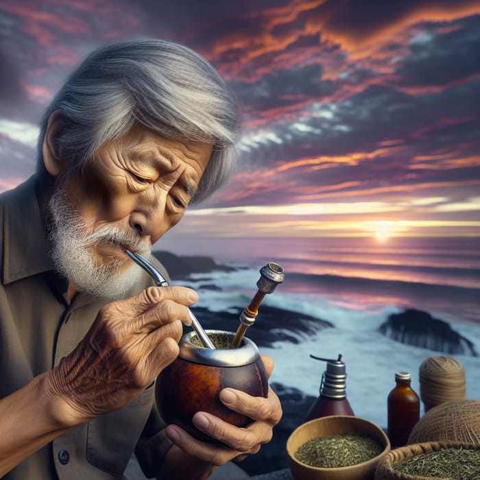 Yerba Mate Preparation by Elderly Man at Sunset