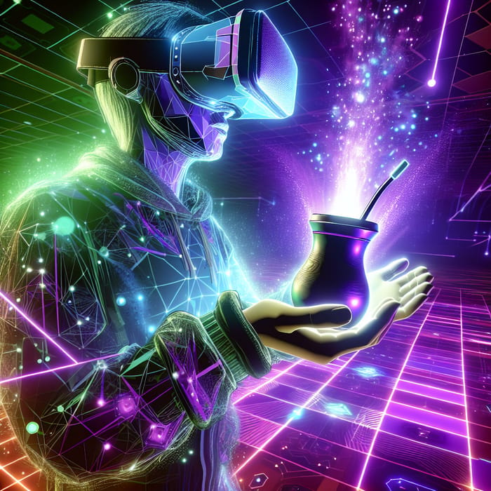 Immersive Cyberpunk Virtual Reality Scene with Neon Yerba Mate Cup