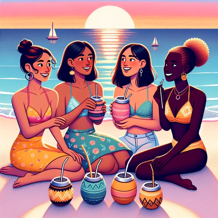 Stylish Women in Bikini Sipping Yerba Mate on Beach